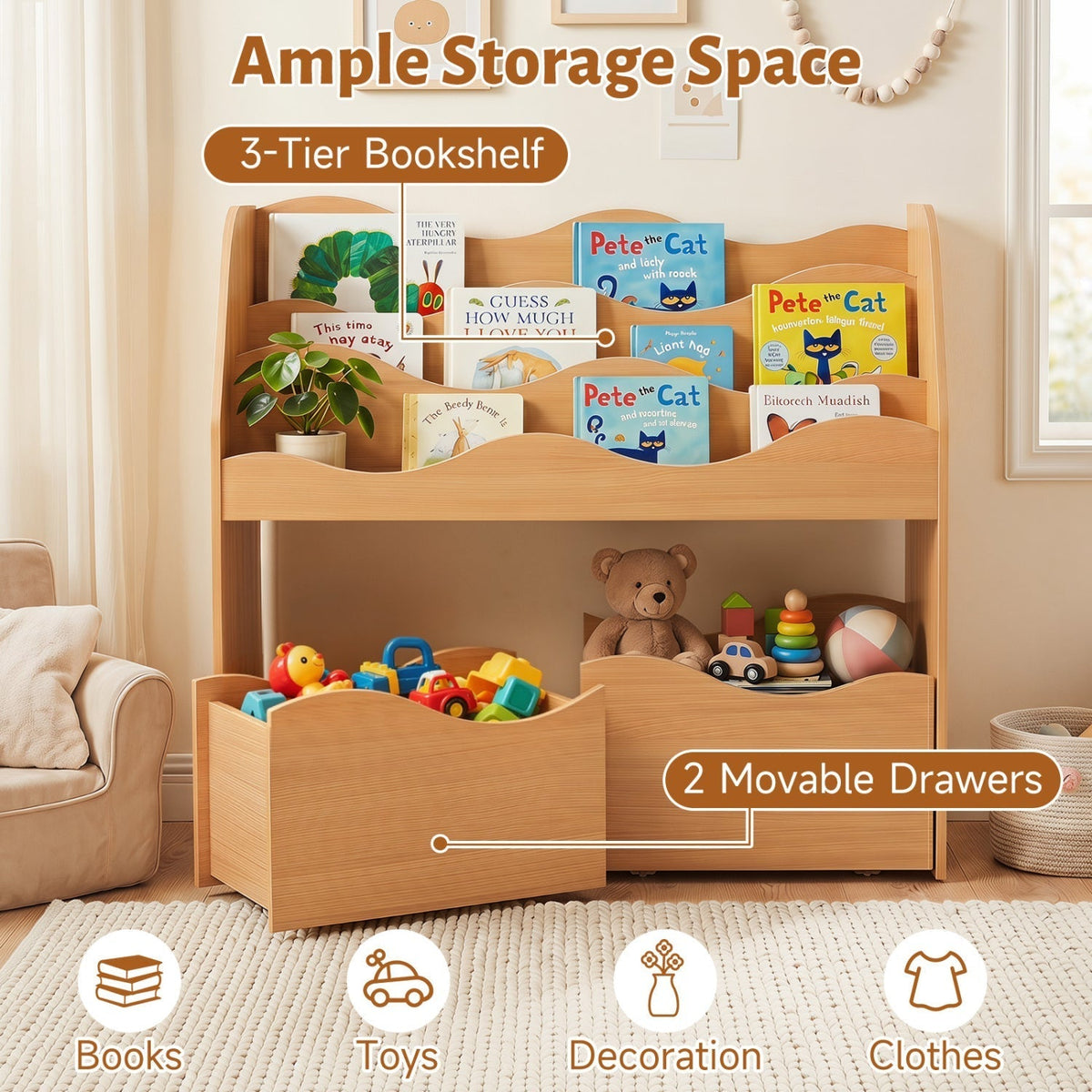 Kids Storage Organizer with Rolling Drawers and BookshelfKids Storage FurnitureTorqelo.com
