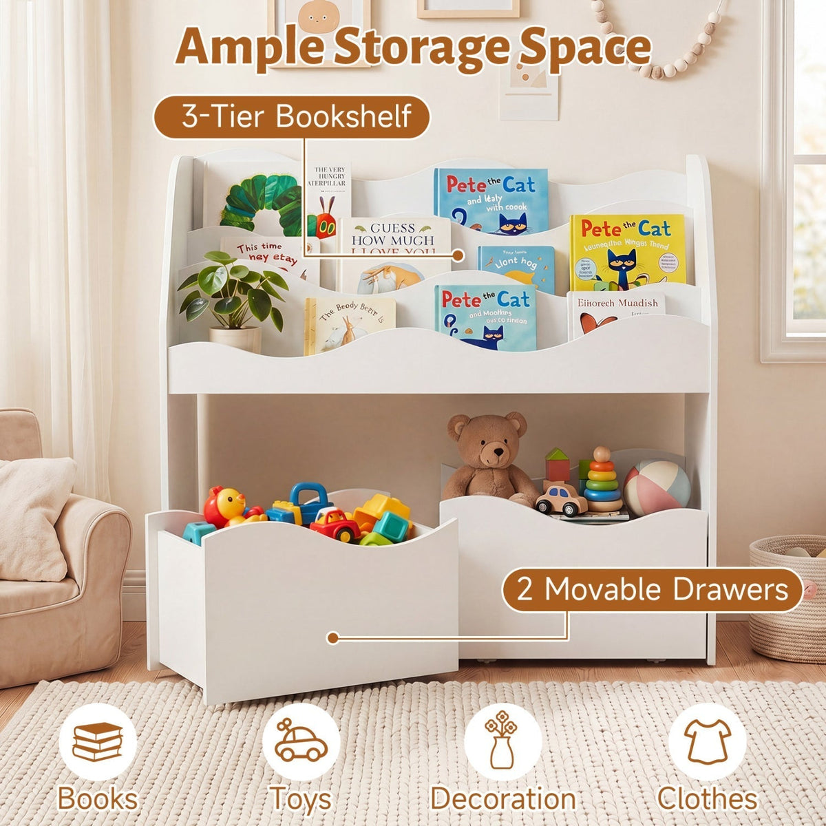 Kids Storage Organizer with Rolling Drawers and BookshelfKids Storage FurnitureTorqelo.com