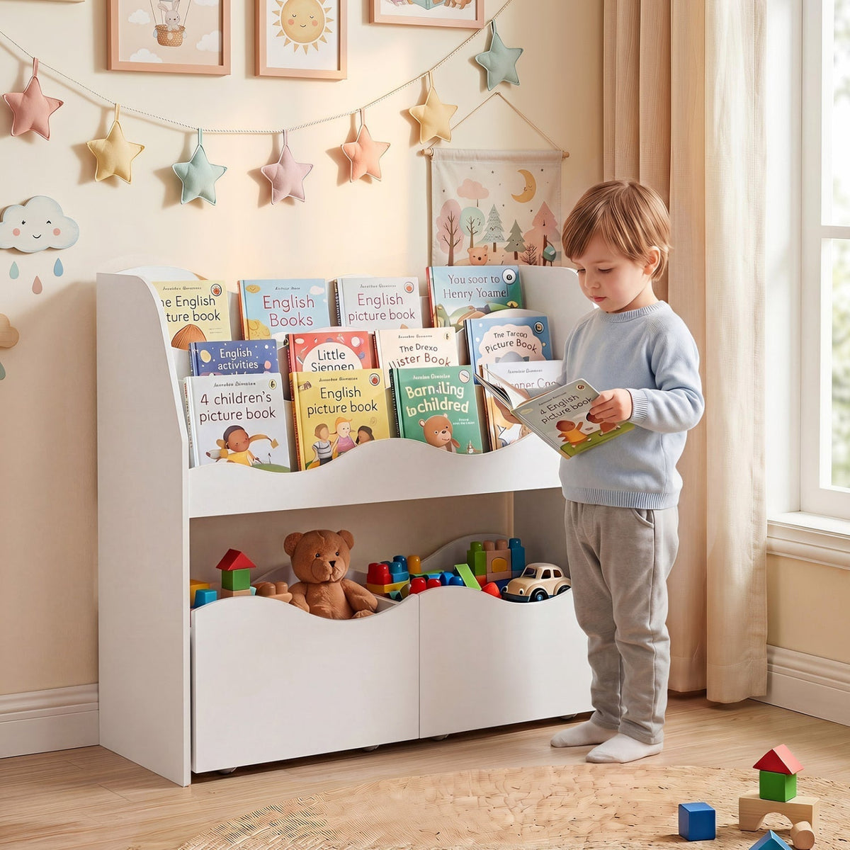 Kids Storage Organizer with Rolling Drawers and BookshelfKids Storage FurnitureTorqelo.com