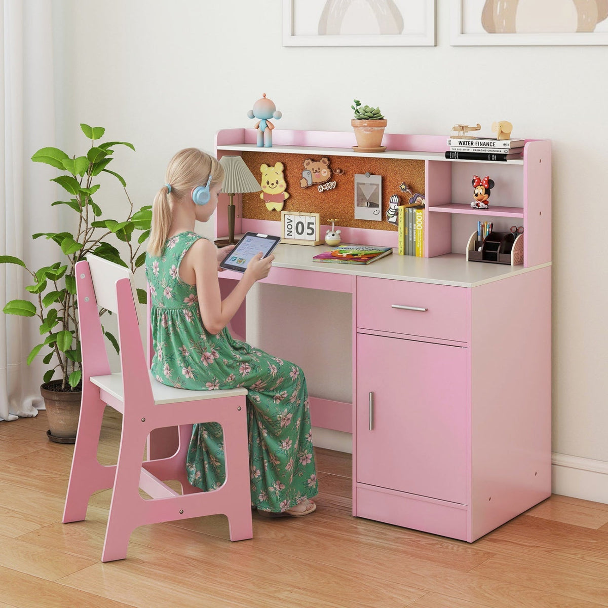 Kids Study Desk and Chair Set with Storage and Bulletin BoardKids Desk SetTorqelo.com