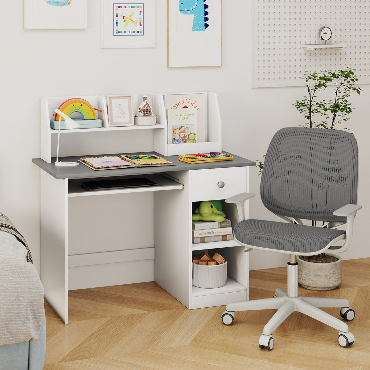 Kids Study Desk with Hutch, Drawer & ShelvesKids DeskTorqelo.com