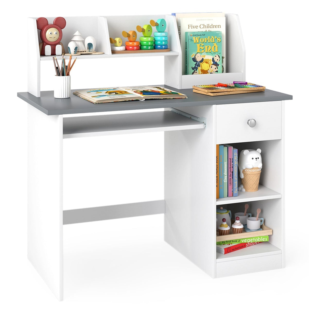 Kids Study Desk with Hutch, Drawer & ShelvesKids DeskTorqelo.com