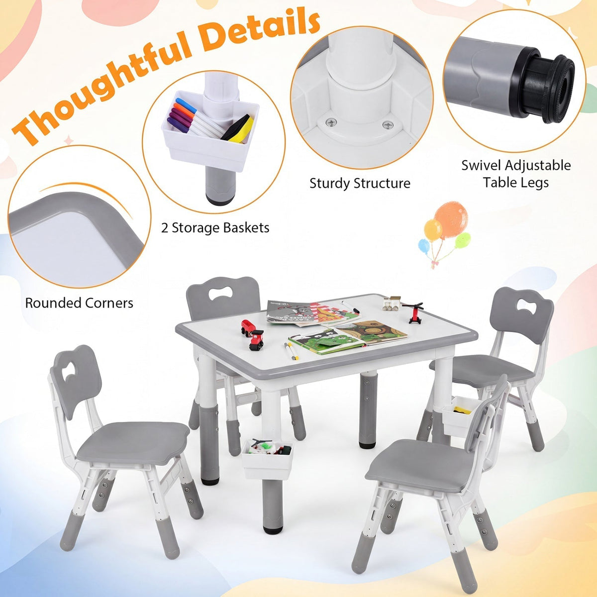 Kids Table and 4 Chairs Set with Adjustable HeightKids Table & Chair SetTorqelo.com