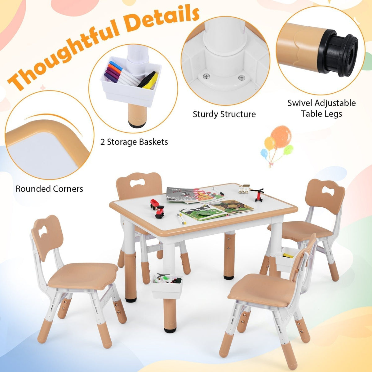Kids Table and 4 Chairs Set with Adjustable HeightKids Table & Chair SetTorqelo.com