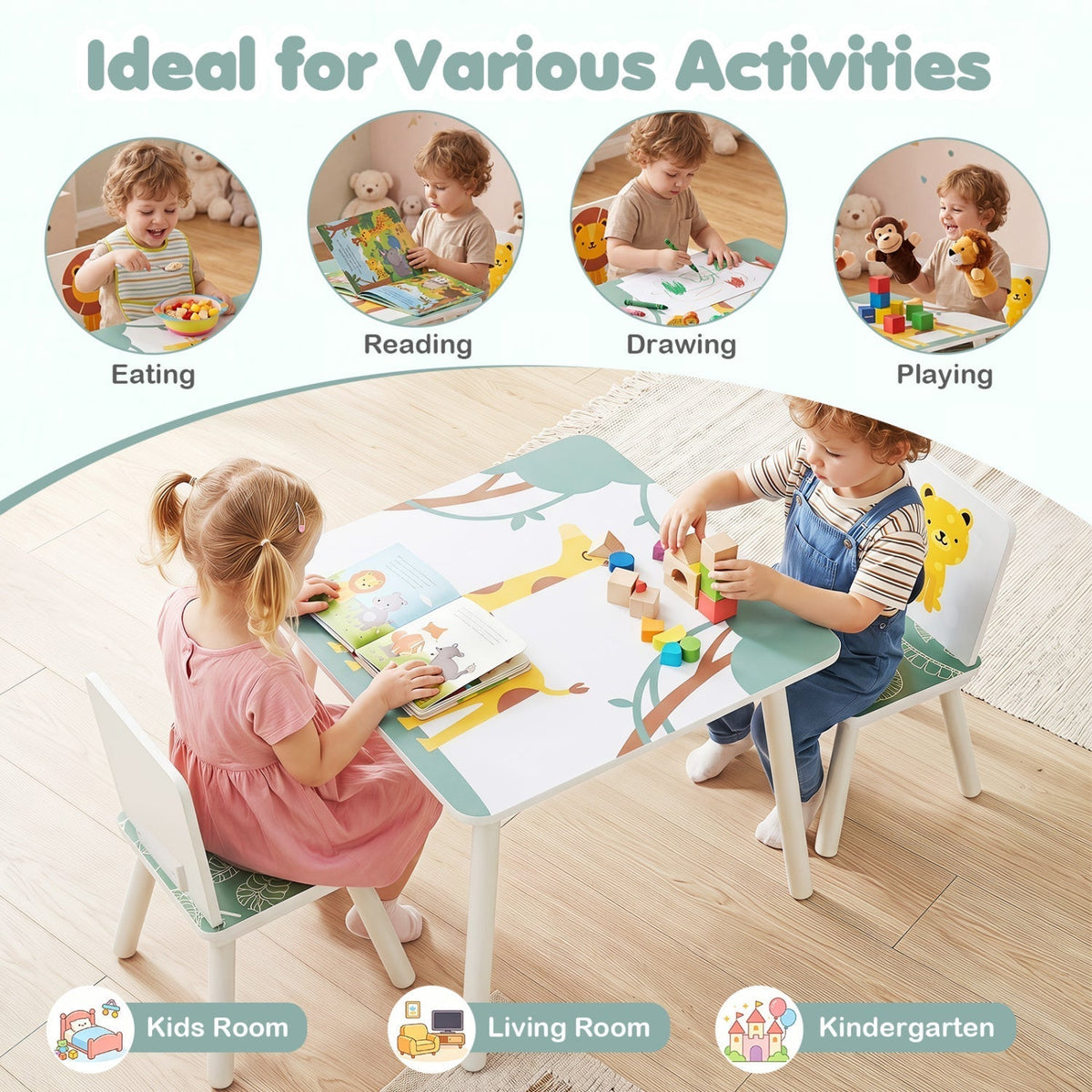 Kids Table and Chair Set with Animal Patterns (3-Piece)Kids FurnitureTorqelo.com