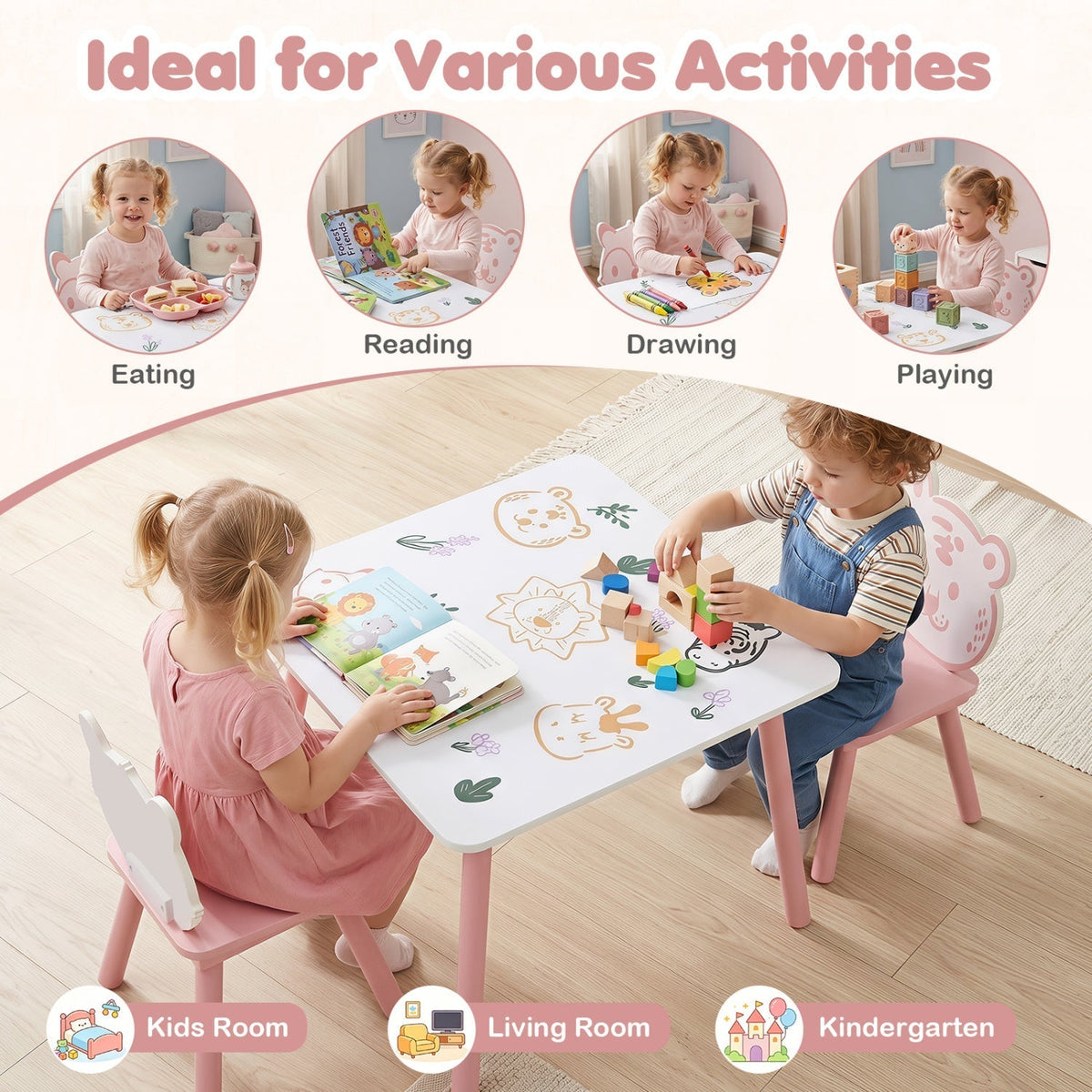 Kids Table and Chair Set with Animal Patterns, 3-PieceKids Table & Chair SetTorqelo.com