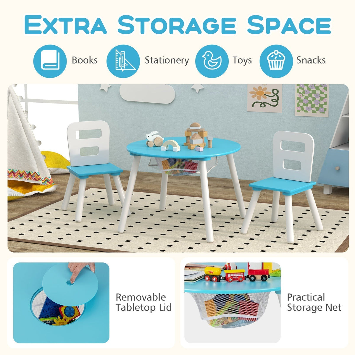 Kids Table and Chair Set with Mesh Storage - 3 PieceKids Table & Chair SetTorqelo.com