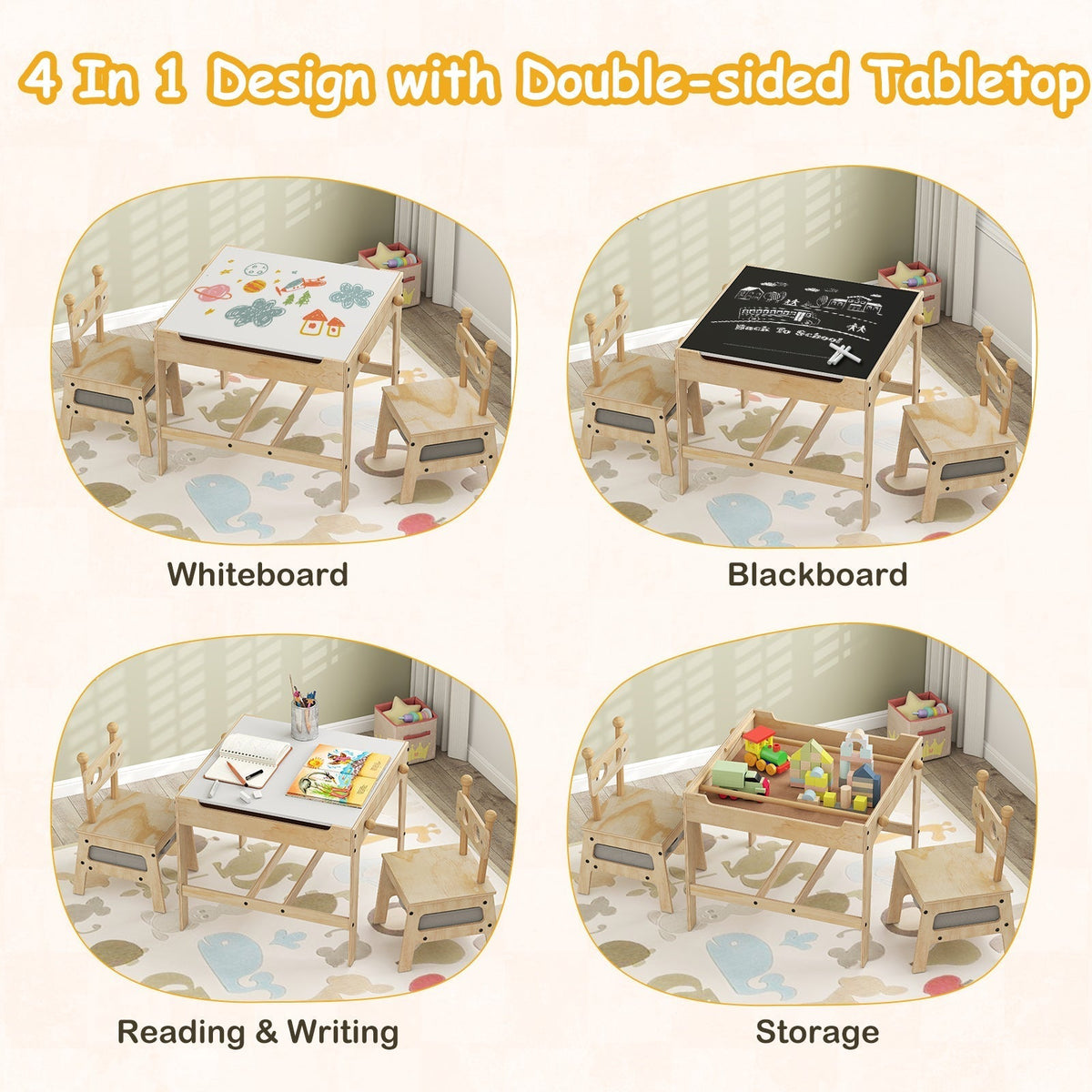 Kids Table and Chair Set with Reversible WhiteboardKids Table SetTorqelo.com