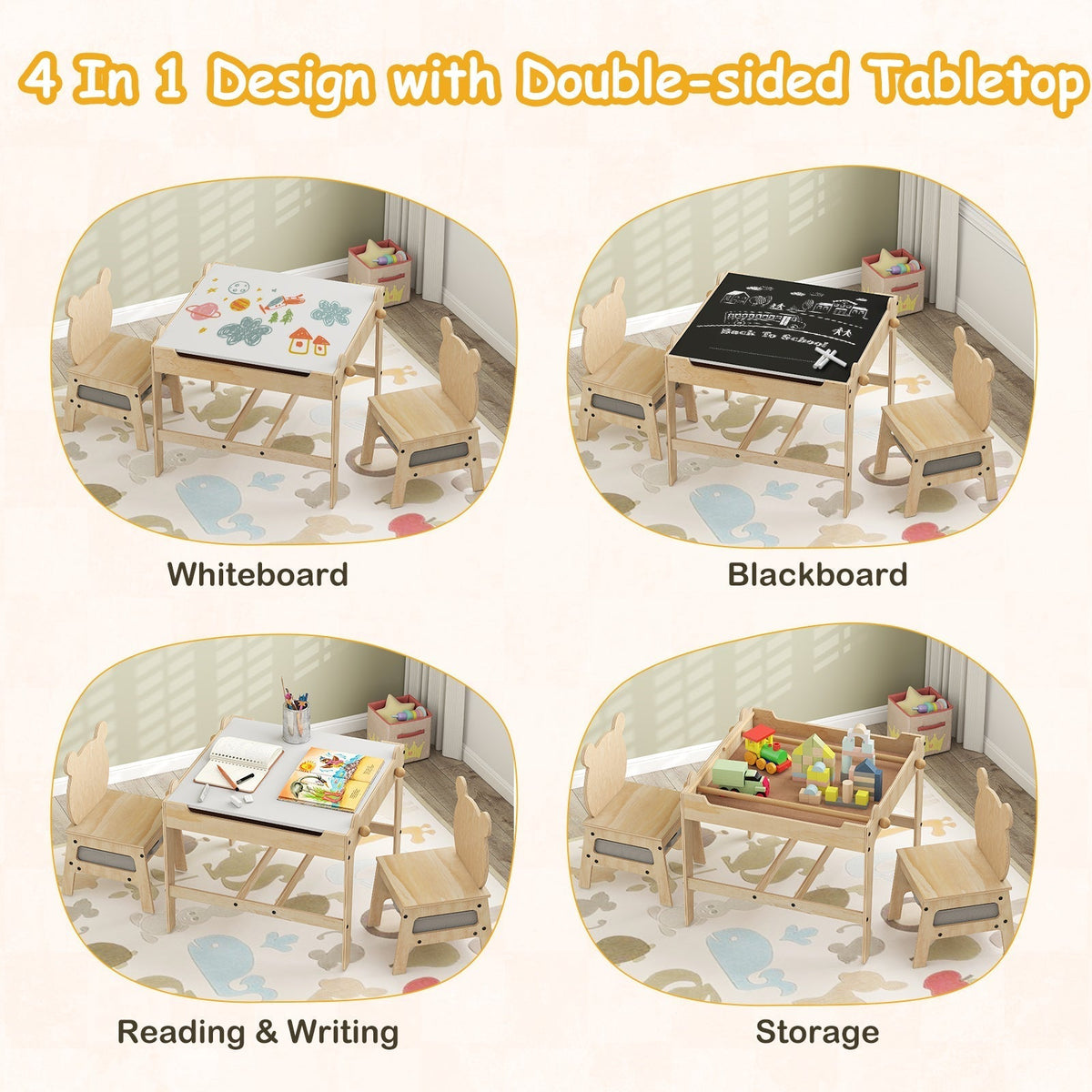 Kids Table and Chair Set with Reversible WhiteboardKids Table SetTorqelo.com
