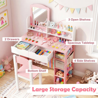 Kids Vanity Set with Chair and Mirror Makeup Dressing Desk with Storage Shelves and DrawersTorqelo.com