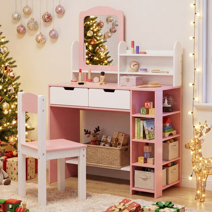 Kids Vanity Set with Chair and Mirror Makeup Dressing Desk with Storage Shelves and DrawersTorqelo.com