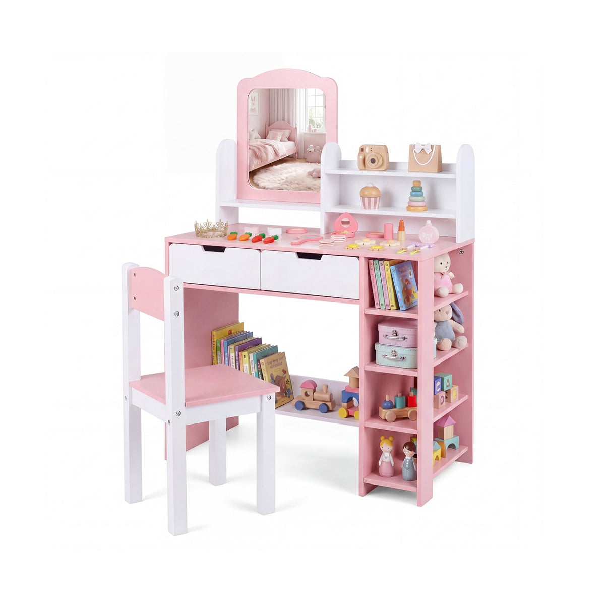 Kids Vanity Set with Chair and Mirror Makeup Dressing Desk with Storage Shelves and DrawersTorqelo.com