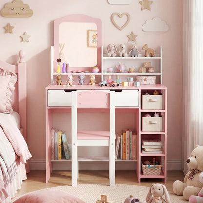 Kids Vanity Set with Chair and Mirror Makeup Dressing Desk with Storage Shelves and DrawersTorqelo.com