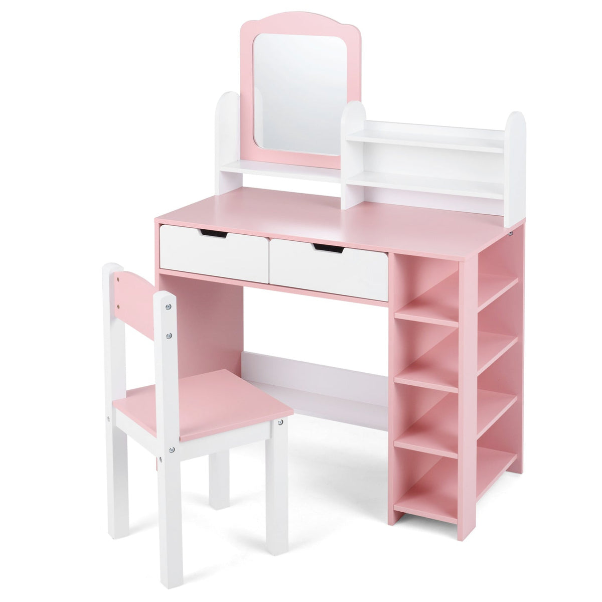 Kids Vanity Set with Chair and Mirror Makeup Dressing Desk with Storage Shelves and DrawersTorqelo.com