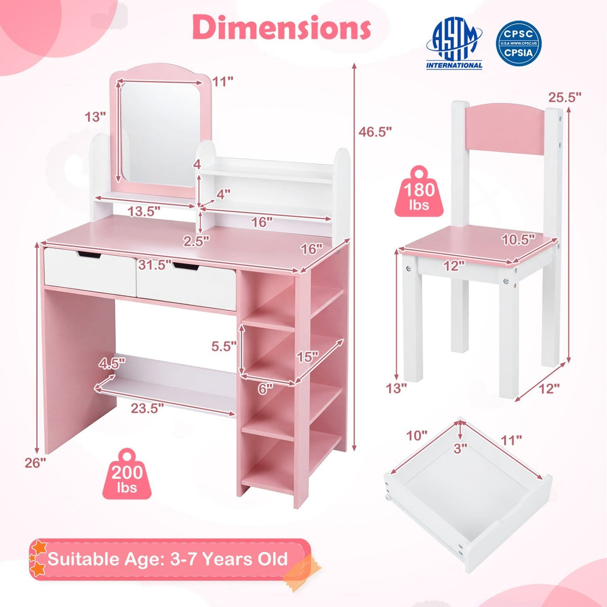 Kids Vanity Set with Chair and Mirror Makeup Dressing Desk with Storage Shelves and DrawersTorqelo.com