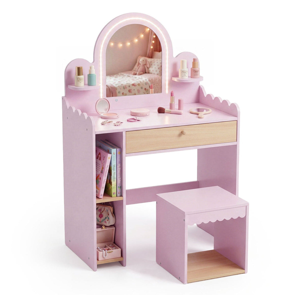Kids Vanity Table Set with LED Mirror and Stool - PinkKids VanityTorqelo.com