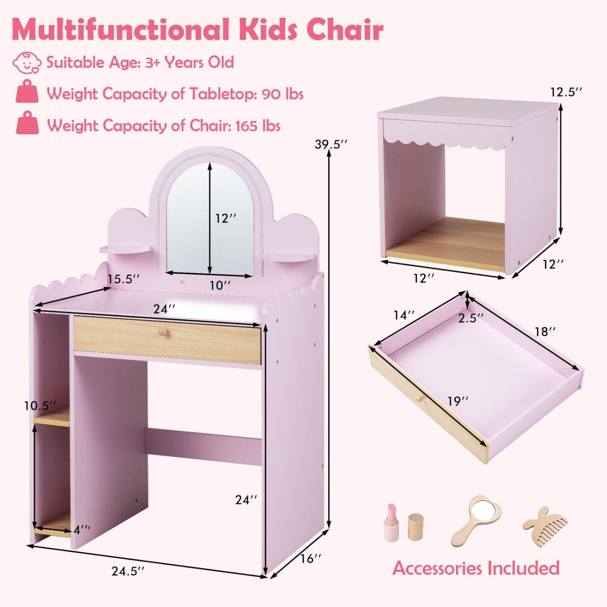 Kids Vanity Table Set with LED Mirror and Stool - PinkKids VanityTorqelo.com