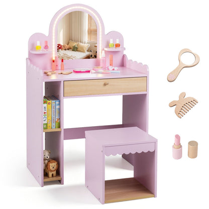 Kids Vanity Table Set with LED Mirror and Stool - PinkKids VanityTorqelo.com