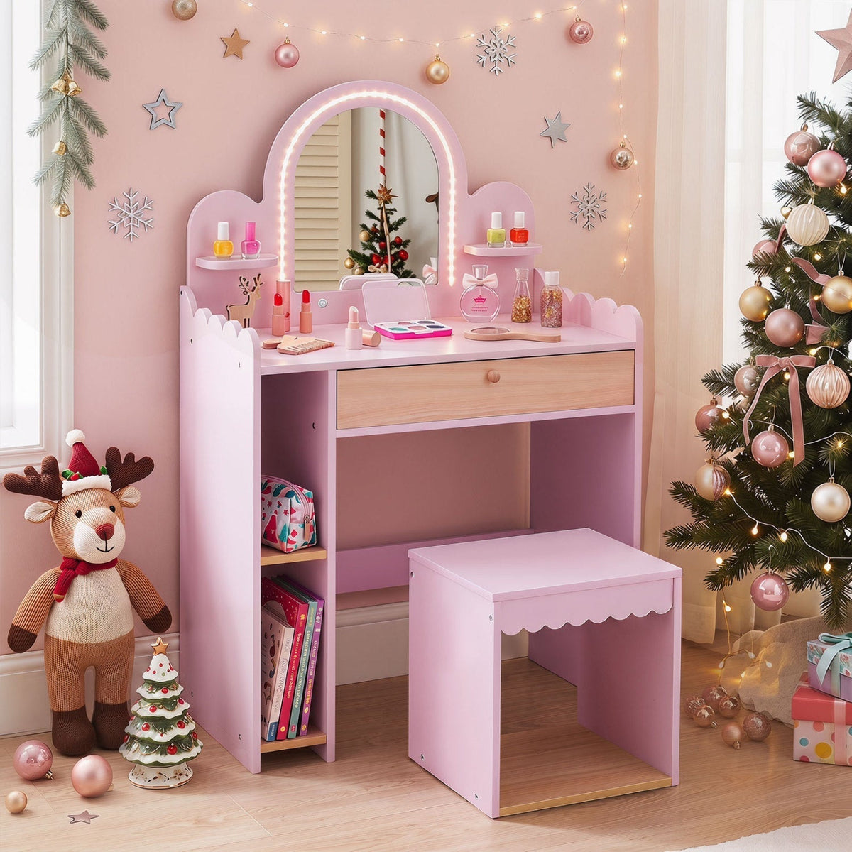 Kids Vanity Table Set with LED Mirror and Stool - PinkKids VanityTorqelo.com