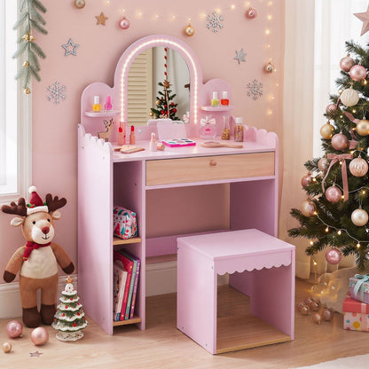 Kids Vanity Table Set with LED Mirror and Stool - PinkKids VanityTorqelo.com