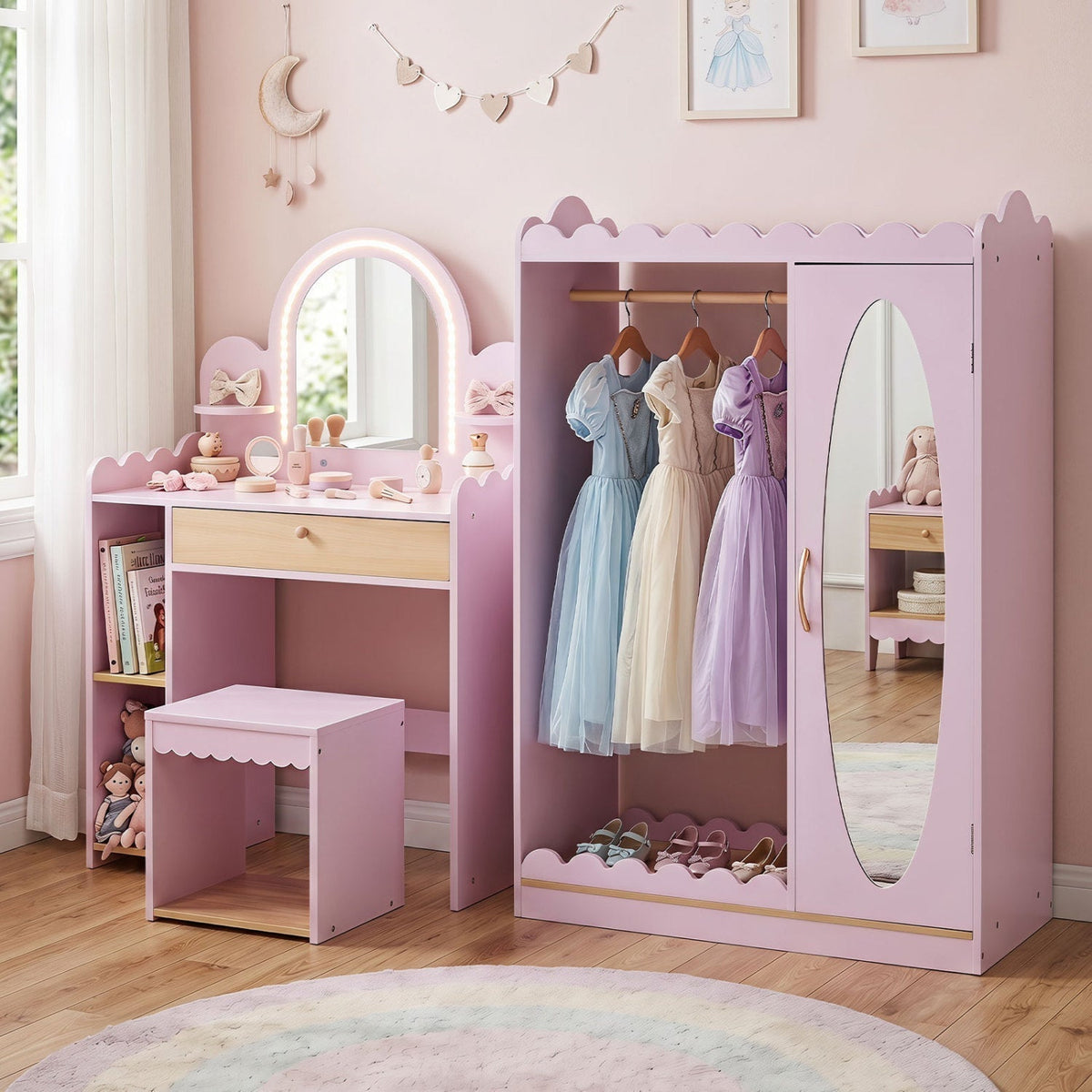 Kids Vanity Table Set with LED Mirror and Stool - PinkKids VanityTorqelo.com