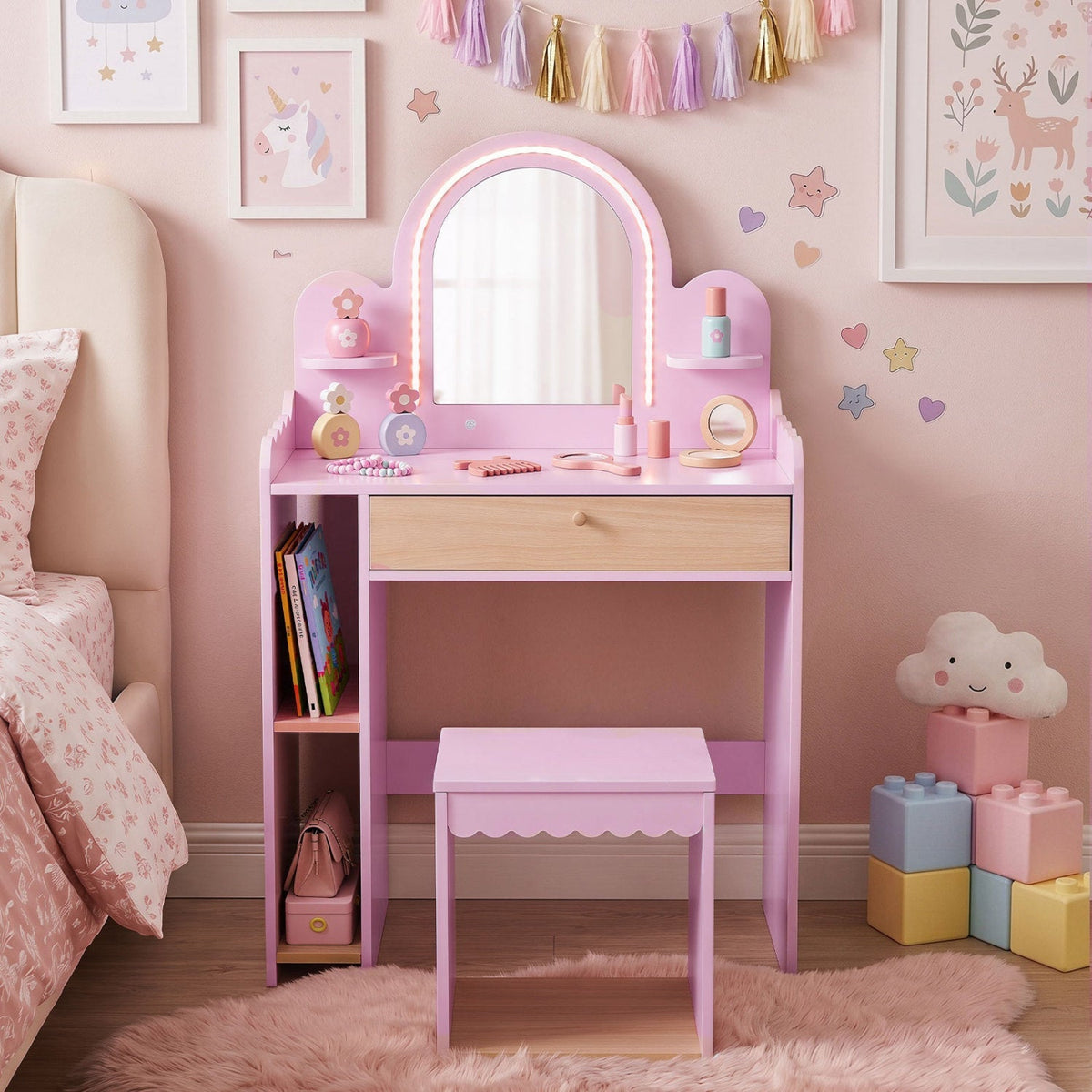 Kids Vanity Table Set with LED Mirror and Stool - PinkKids VanityTorqelo.com