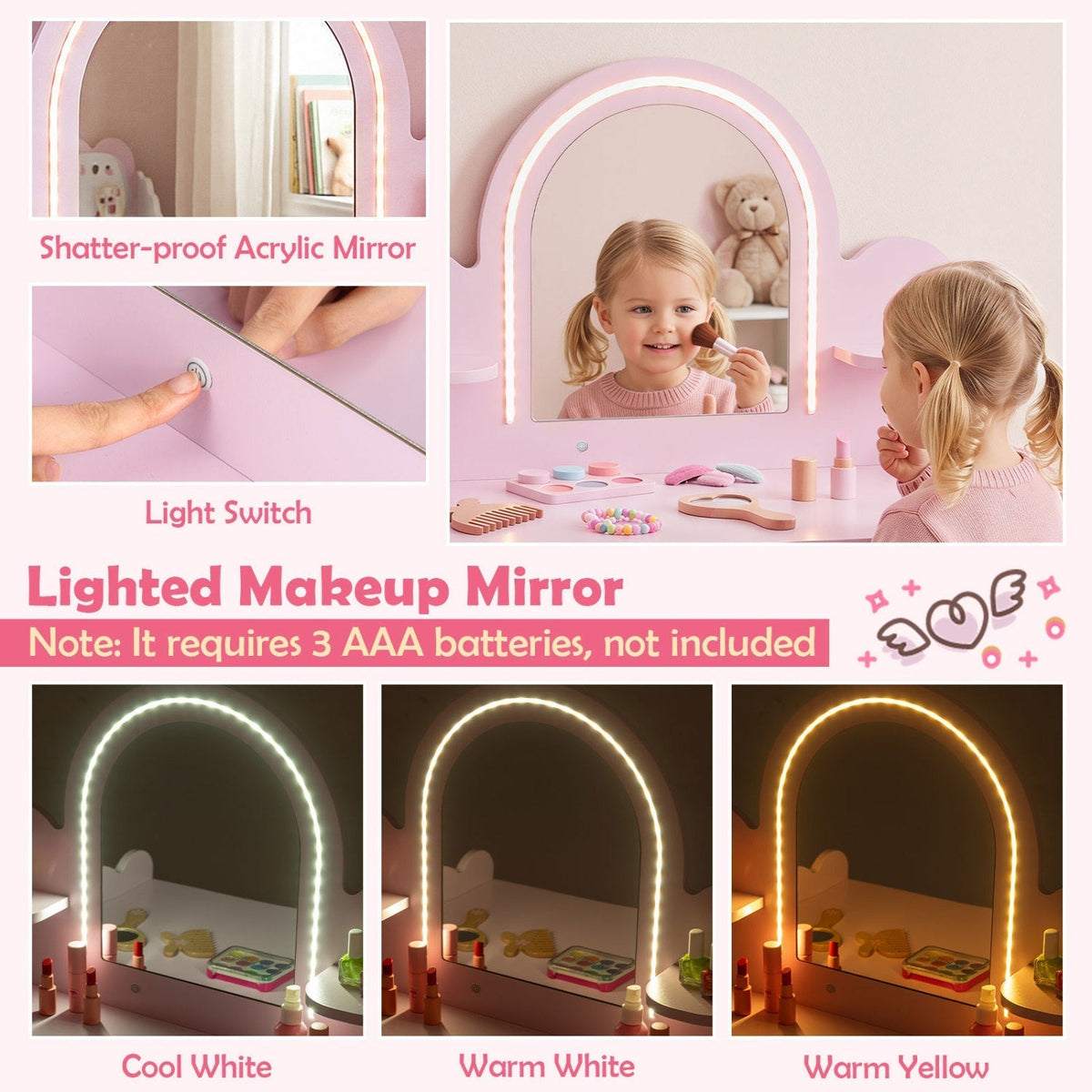 Kids Vanity Table Set with LED Mirror and Stool - PinkKids VanityTorqelo.com
