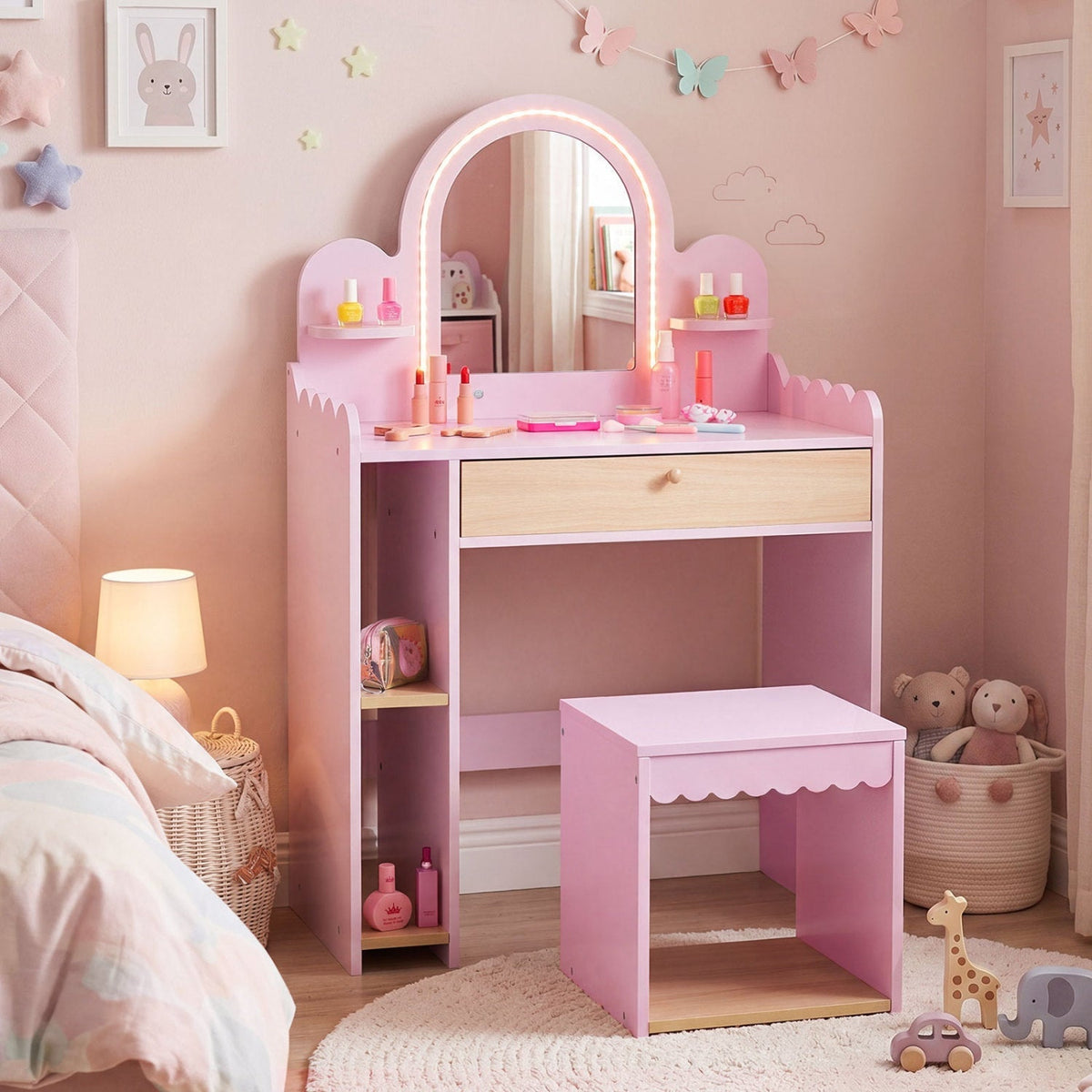Kids Vanity Table Set with LED Mirror and Stool - PinkKids VanityTorqelo.com