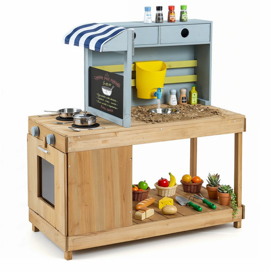 Kids Wooden Mud Kitchen Playset with Canopy and FaucetPlay Kitchen SetTorqelo.com