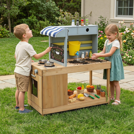 Kids Wooden Mud Kitchen Playset with Canopy and FaucetPlay Kitchen SetTorqelo.com