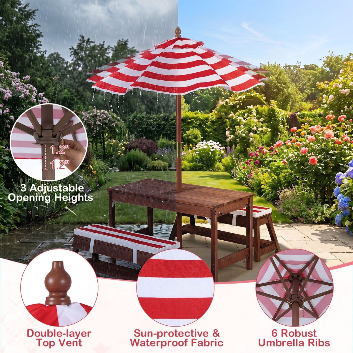 Kids Wooden Picnic Table Set with Umbrella and Sand BoxesKids Table SetTorqelo.com