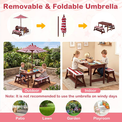 Kids Wooden Picnic Table Set with Umbrella and Sand BoxesKids Table SetTorqelo.com