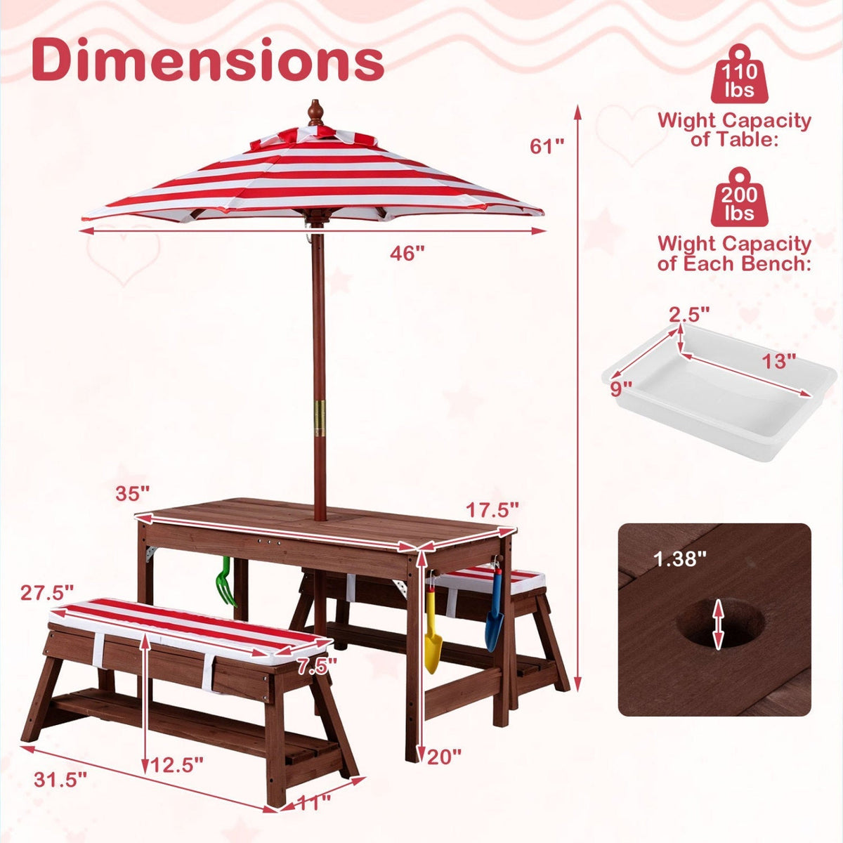 Kids Wooden Picnic Table Set with Umbrella and Sand BoxesKids Table SetTorqelo.com