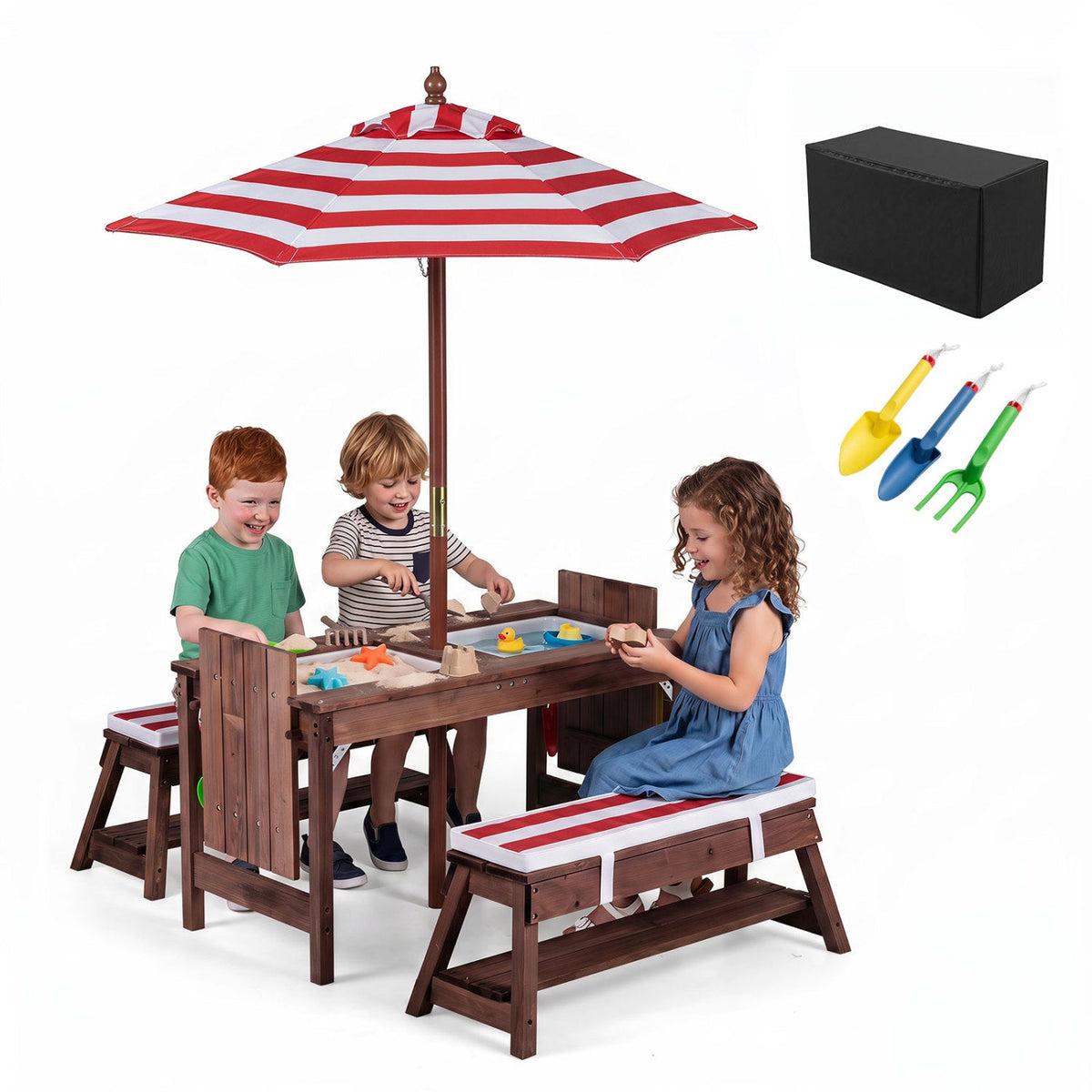 Kids Wooden Picnic Table Set with Umbrella and Sand BoxesKids Table SetTorqelo.com