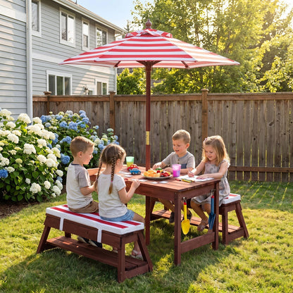 Kids Wooden Picnic Table Set with Umbrella and Sand BoxesKids Table SetTorqelo.com