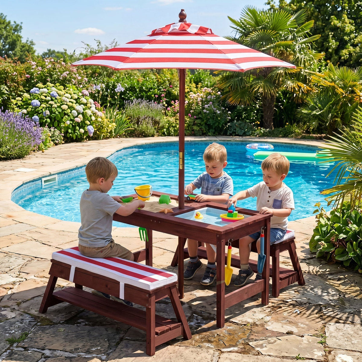 Kids Wooden Picnic Table Set with Umbrella and Sand BoxesKids Table SetTorqelo.com