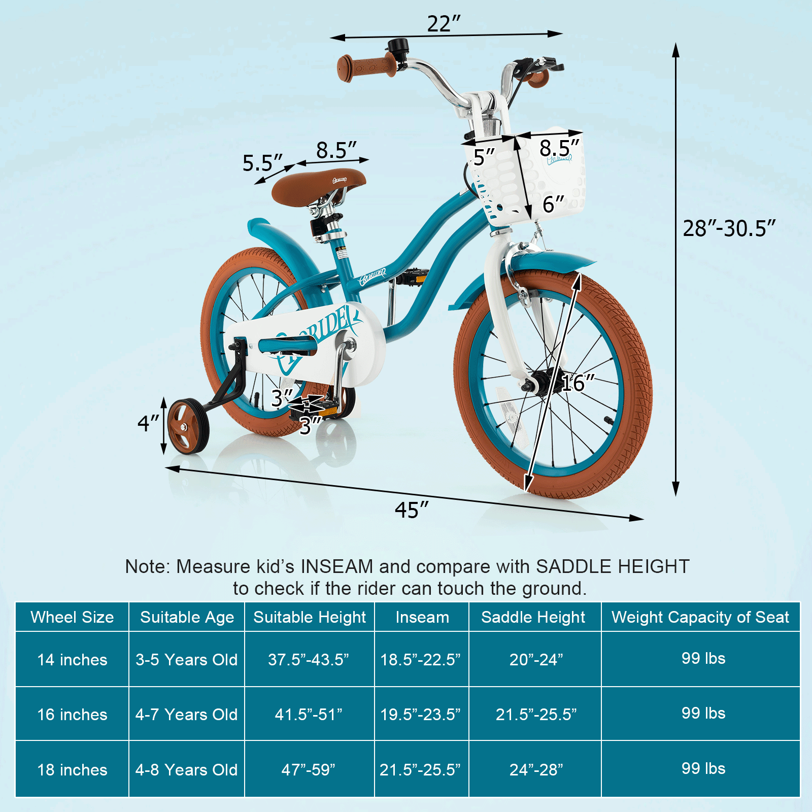 16 inch kids bike with training wheels, front handbrake and basket by GBruno Store, view 3