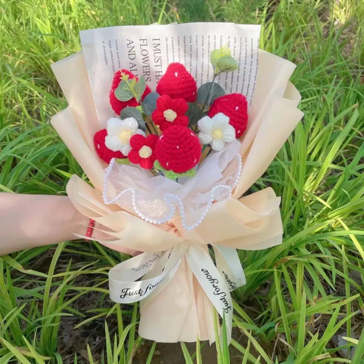 Knitted Sunflower Strawberry BouquetPlushieTorqelo.com