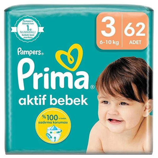 Prima Aktif Baby Diapers Size 3, 62 Count - Breathable, Extra Dry Layer for Comfort by Beauty Care Bag