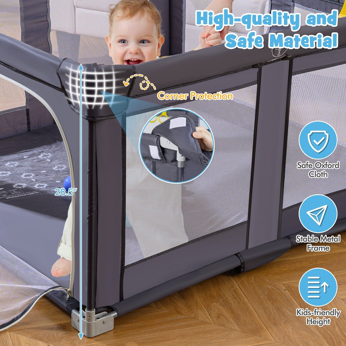 Large Baby Playpen BPA-Free Foldable Toddlers Safety Fence Play Yard-Dark GreyTorqelo.com