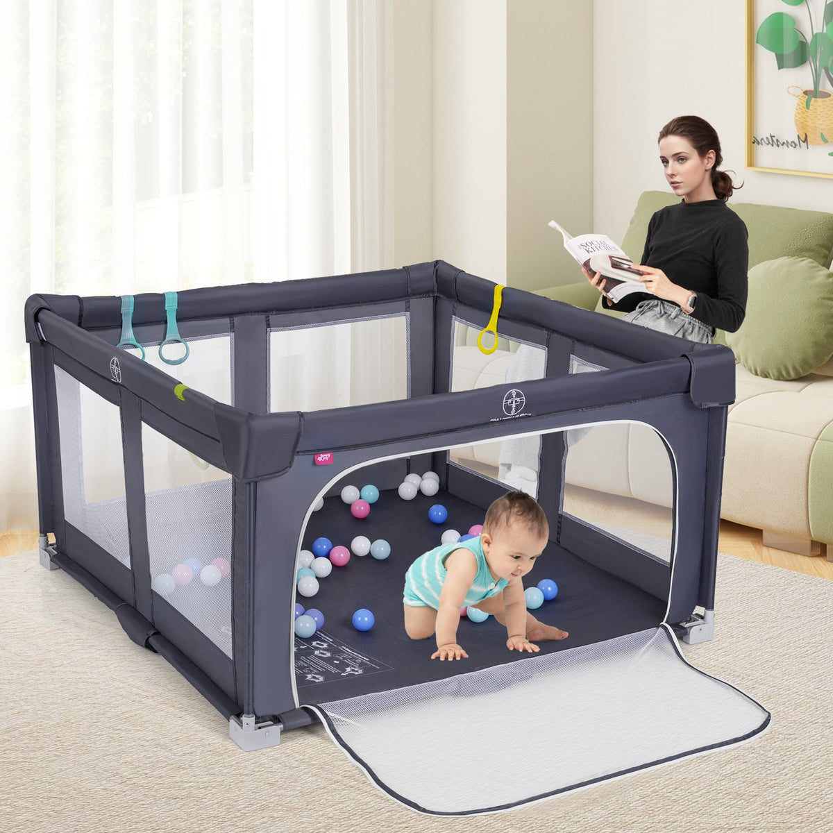 Large Baby Playpen BPA-Free Foldable Toddlers Safety Fence Play Yard-Dark GreyTorqelo.com