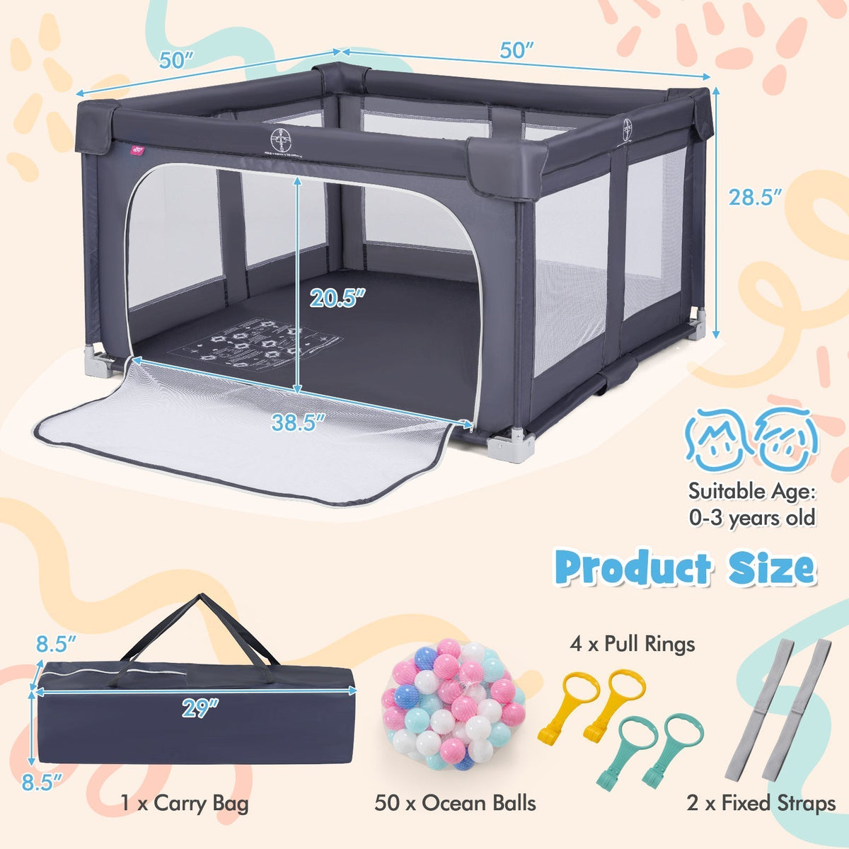 Large Baby Playpen BPA-Free Foldable Toddlers Safety Fence Play Yard-Dark GreyTorqelo.com