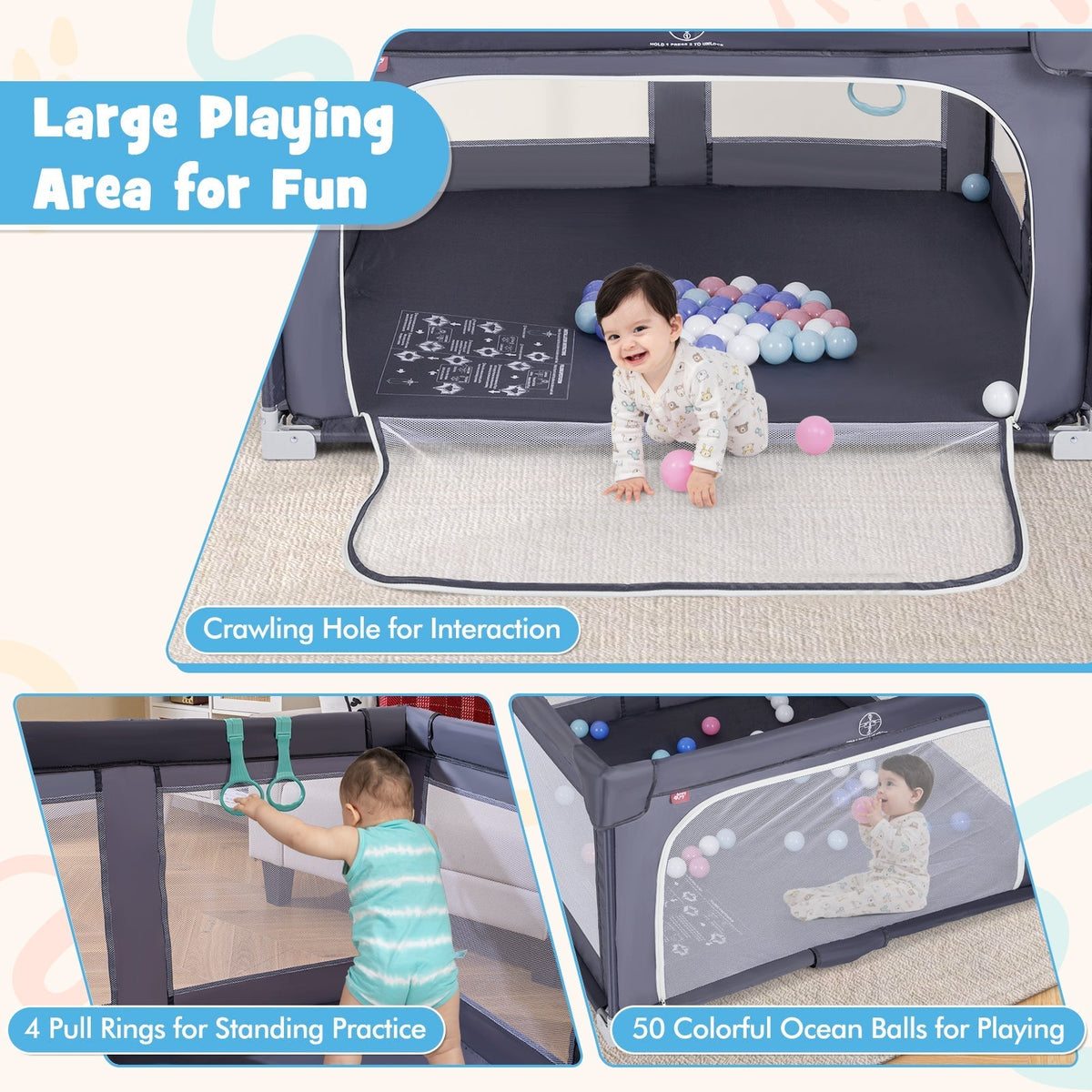 Large Baby Playpen BPA-Free Foldable Toddlers Safety Fence Play Yard-Dark GreyTorqelo.com