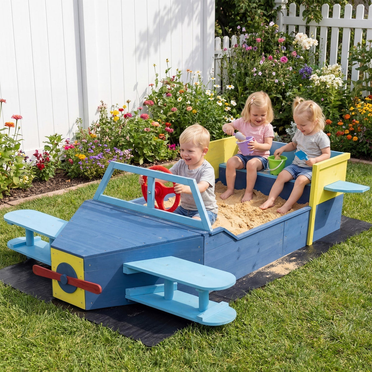 Large Wooden Kids Sandbox with Bottom Liner and Bench SeatTorqelo.com