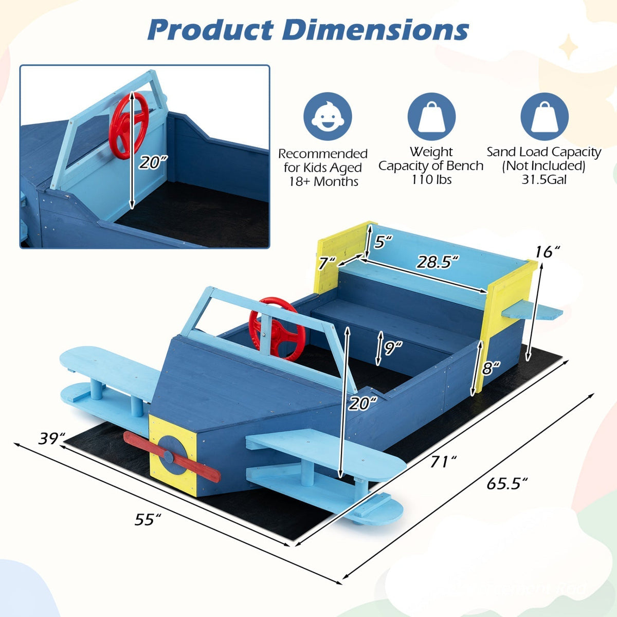 Large Wooden Kids Sandbox with Bottom Liner and Bench SeatTorqelo.com