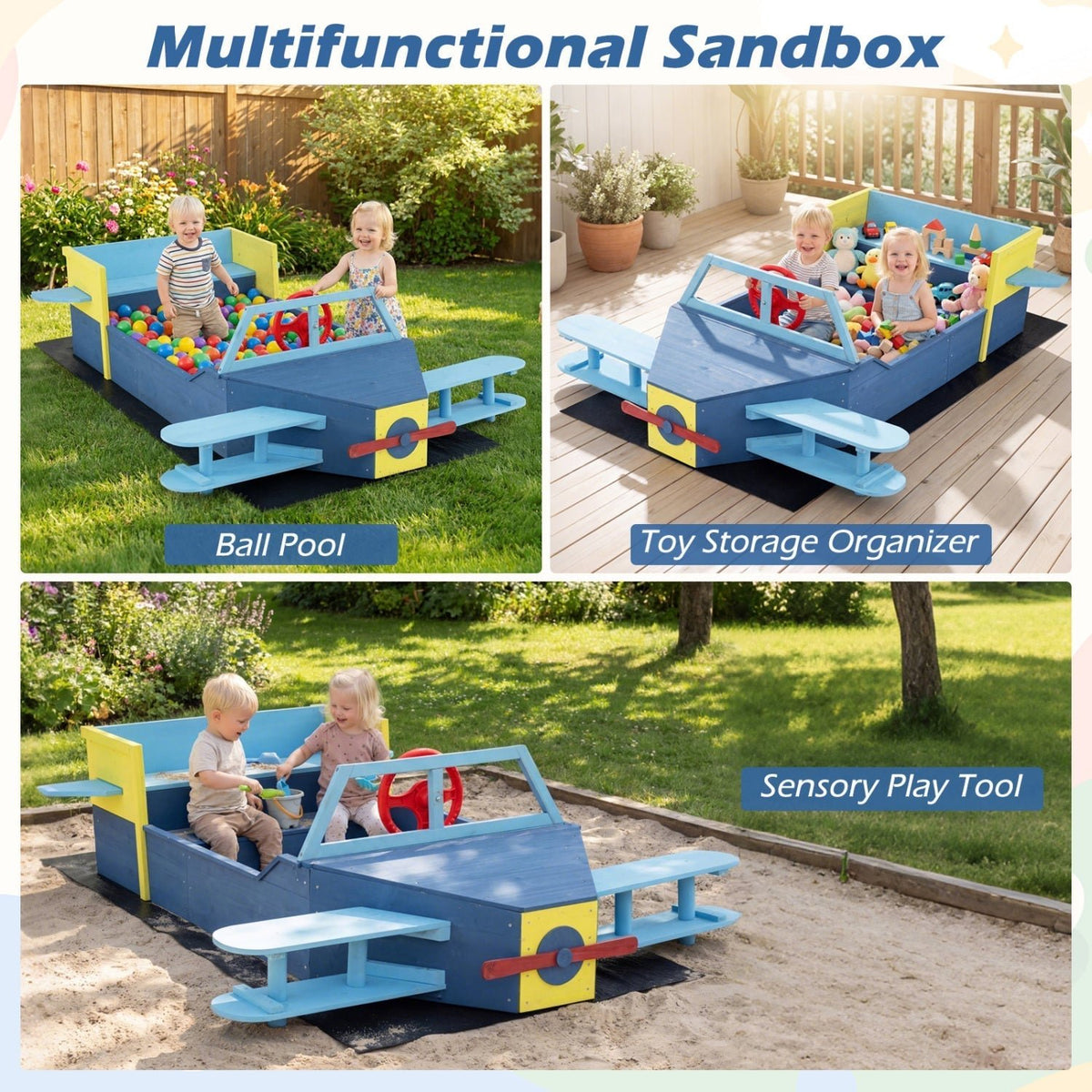 Large Wooden Kids Sandbox with Bottom Liner and Bench SeatTorqelo.com