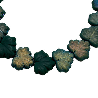 Czech Glass Leaf Beads: Teal Green with Gold Luster 13x11mm - 20 Beads per Strand by Continental Bead Suppliers