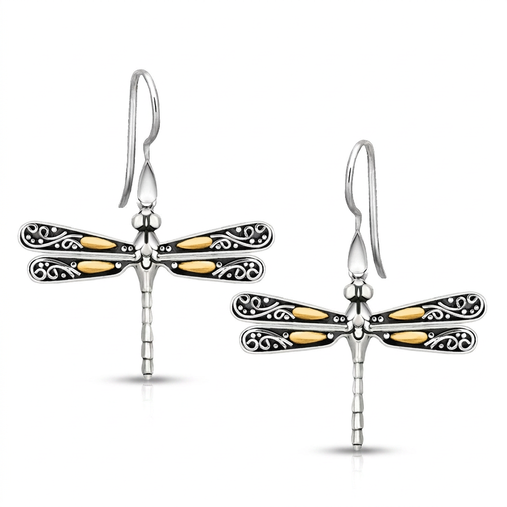18k yellow gold and sterling silver dragonfly drop earrings, Avera Group, view 3