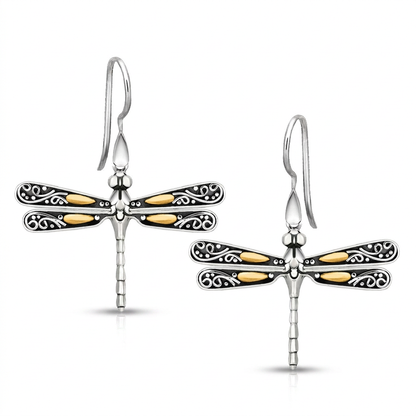 18k yellow gold and sterling silver dragonfly drop earrings, Avera Group, view 3