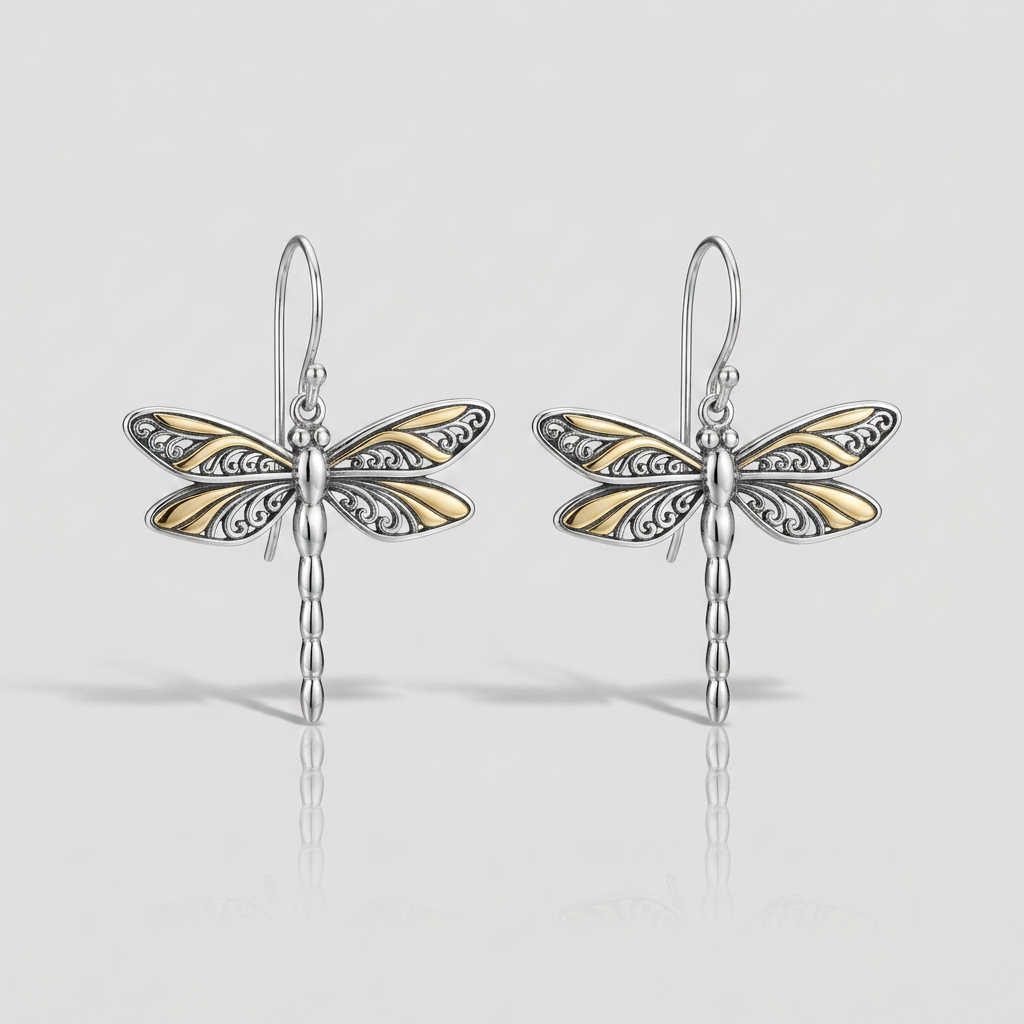 18k yellow gold and sterling silver dragonfly drop earrings, Avera Group, view 4